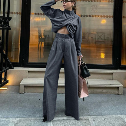 Small Turtleneck Cross Long Sleeves Top Casual Wide Leg Pants Two-piece Set