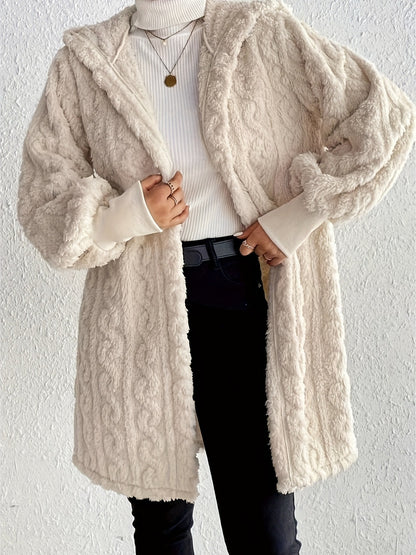 Open Front Long Sleeve Fuzzy Hooded Jacket