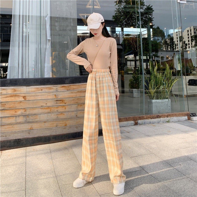 Plaid Wide Leg Pants Women Casual Pants