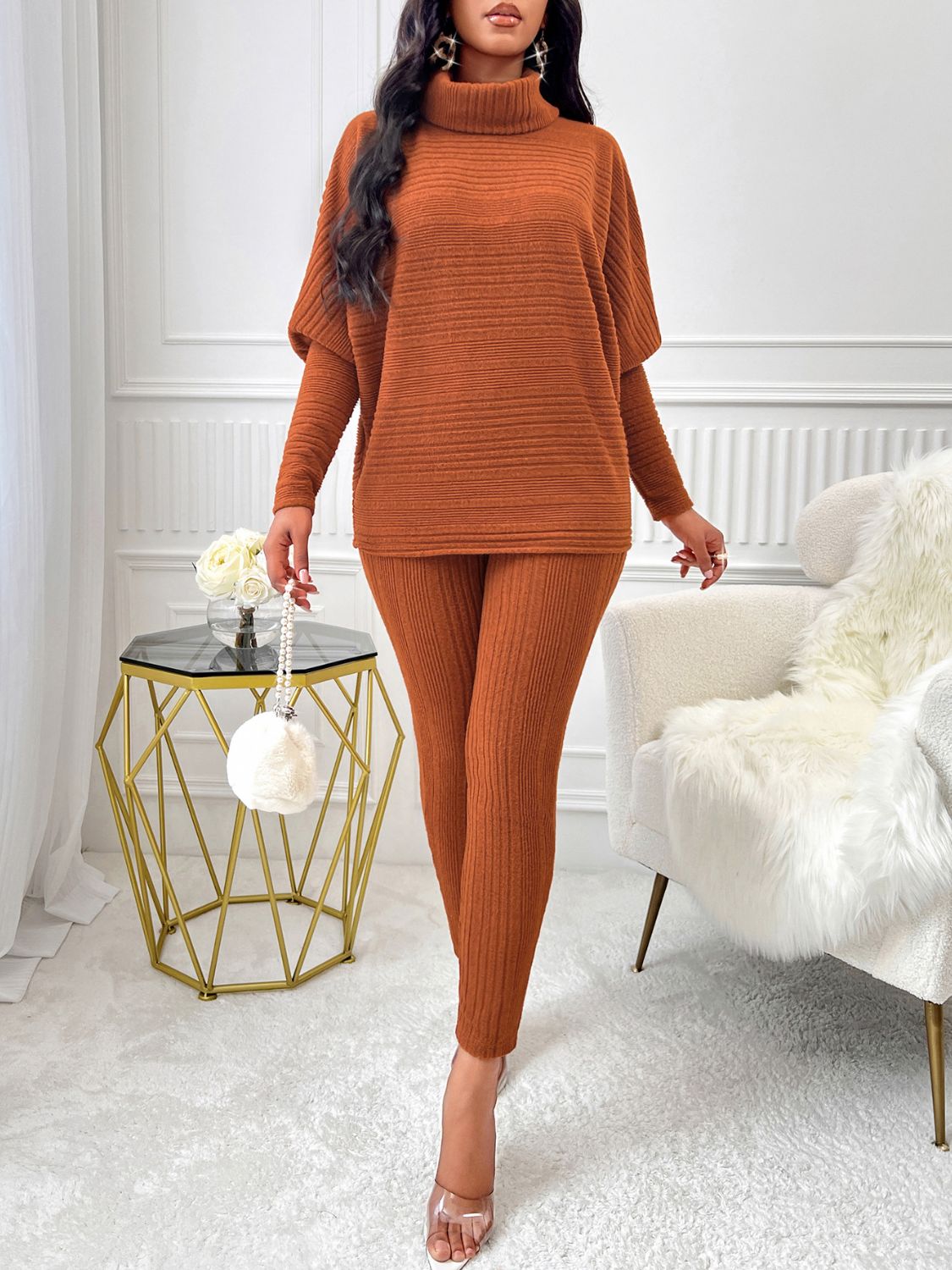 Turtleneck Batwing Sleeve Top and Pants Set