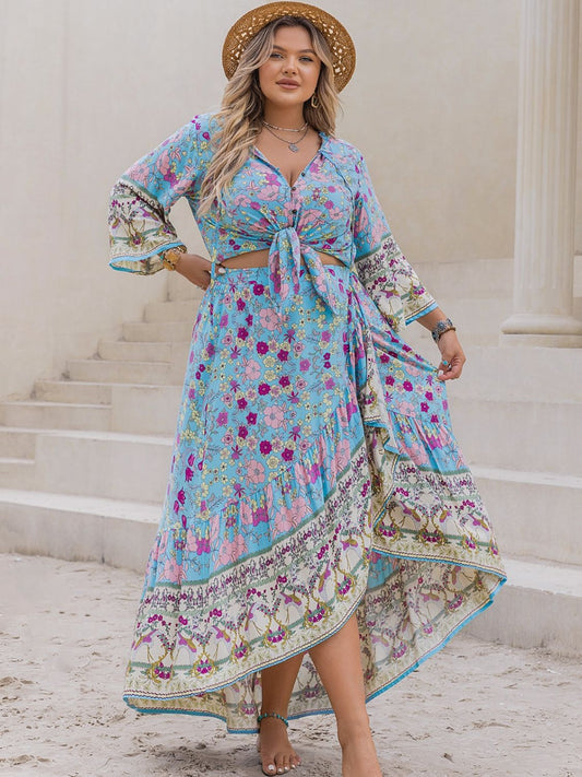 Plus Size Printed Tie Neck Top and Skirt Set